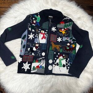Christmas Sweater Vintage with Snowflakes, Snowmen, Ice Skating, Sleighs size SP